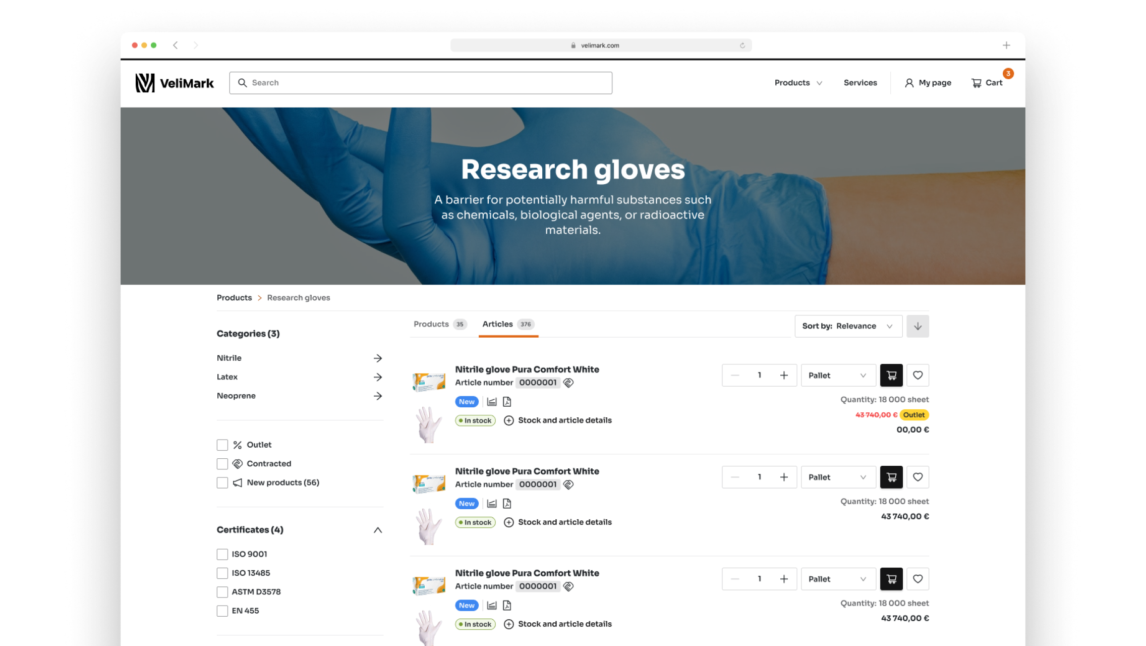 a screenshot of the papyrus dashboard in a list view displaying nitrile gloves