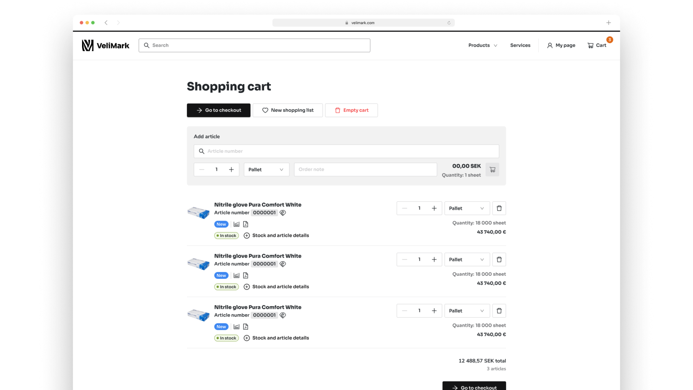 a screenshot of the papyrus dashboard displaying the shopping cart with a lot of nitrite gloves