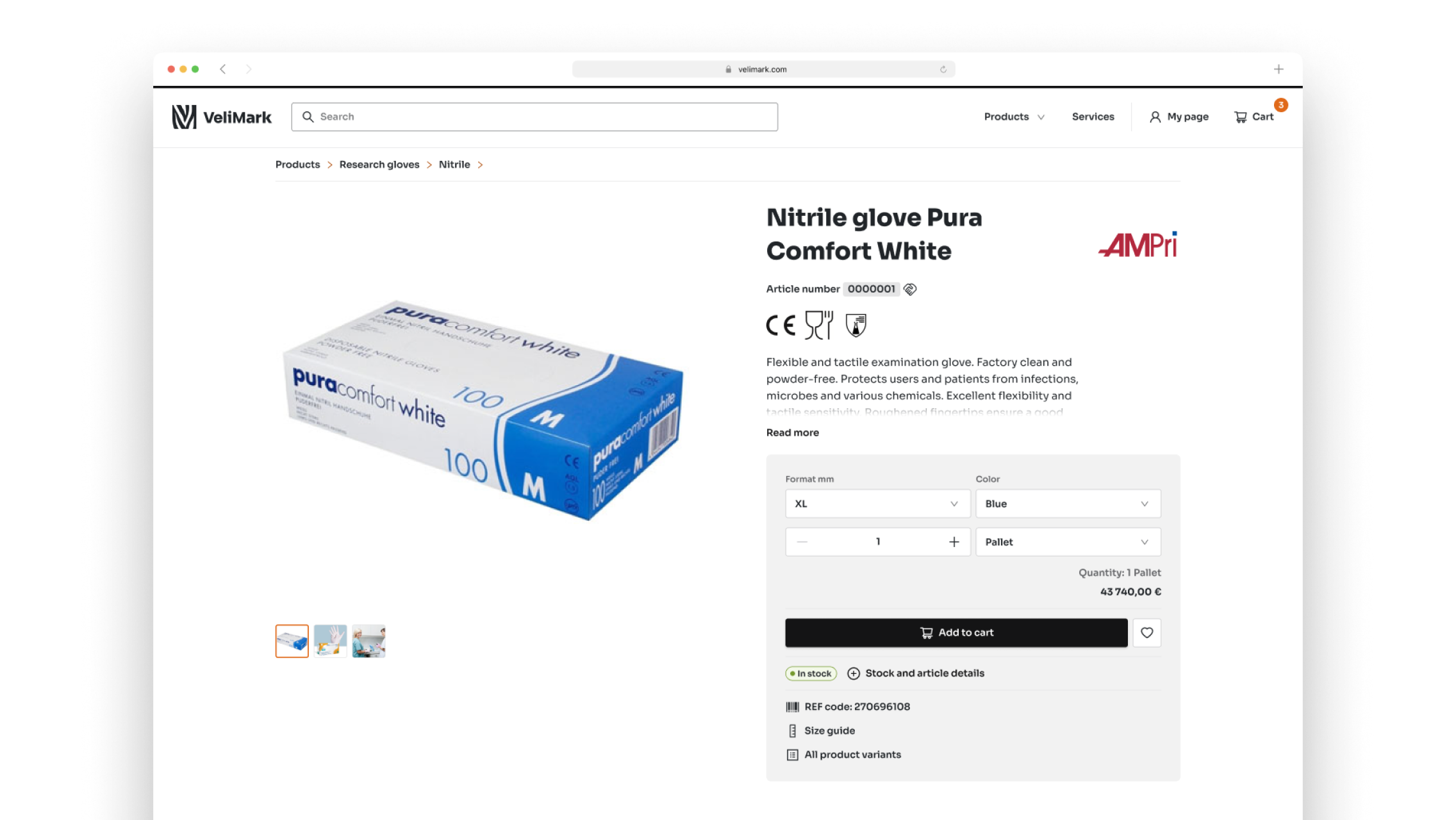 a screenshot of the papyrus dashboard showing a single product page of a nitrile glove product